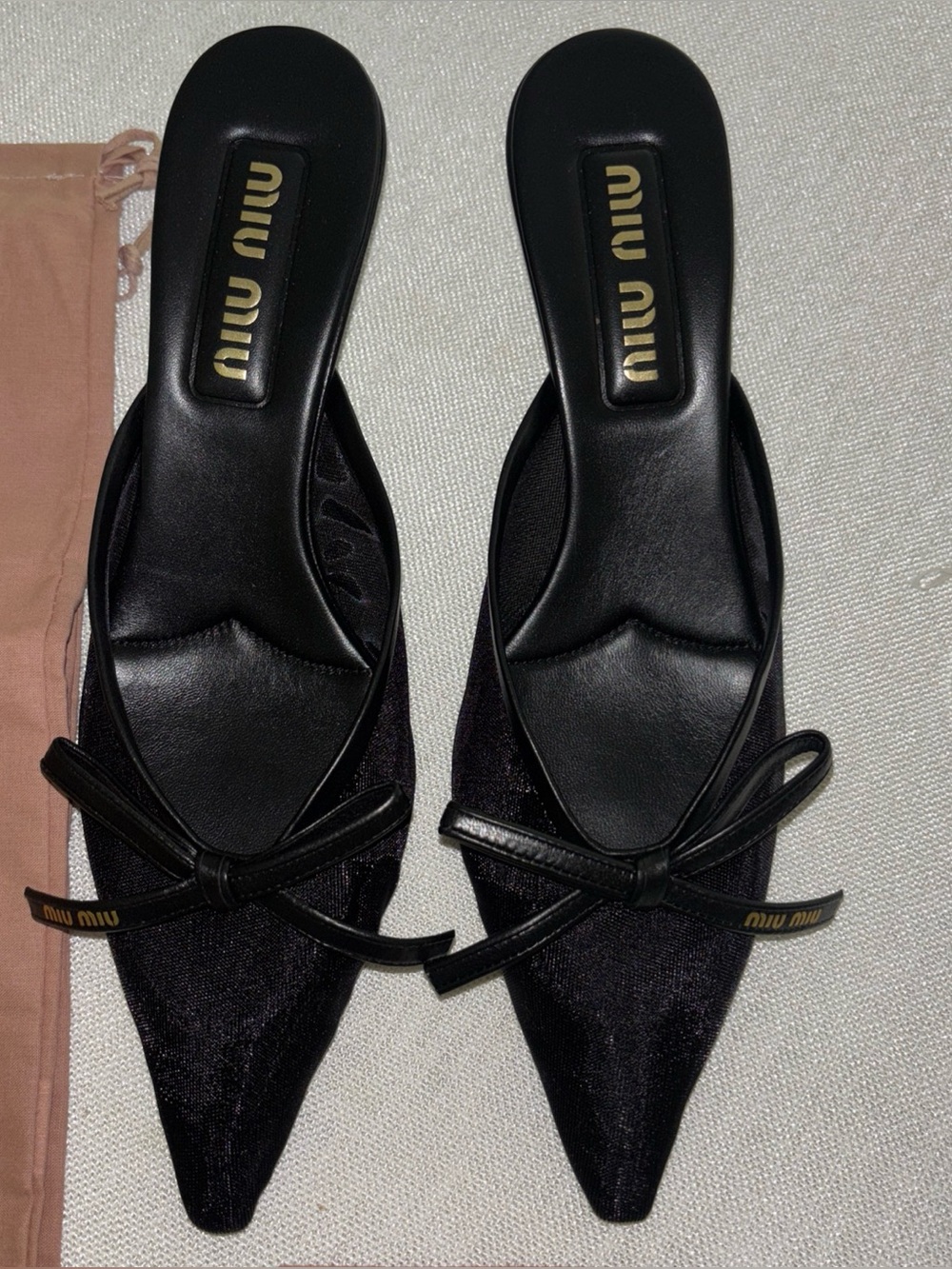 Authentic Miu Miu Black Leather Bow Mesh Fabric 55mm Kitten Heel Mule 8.5US 38EU - Picture 8 of 12